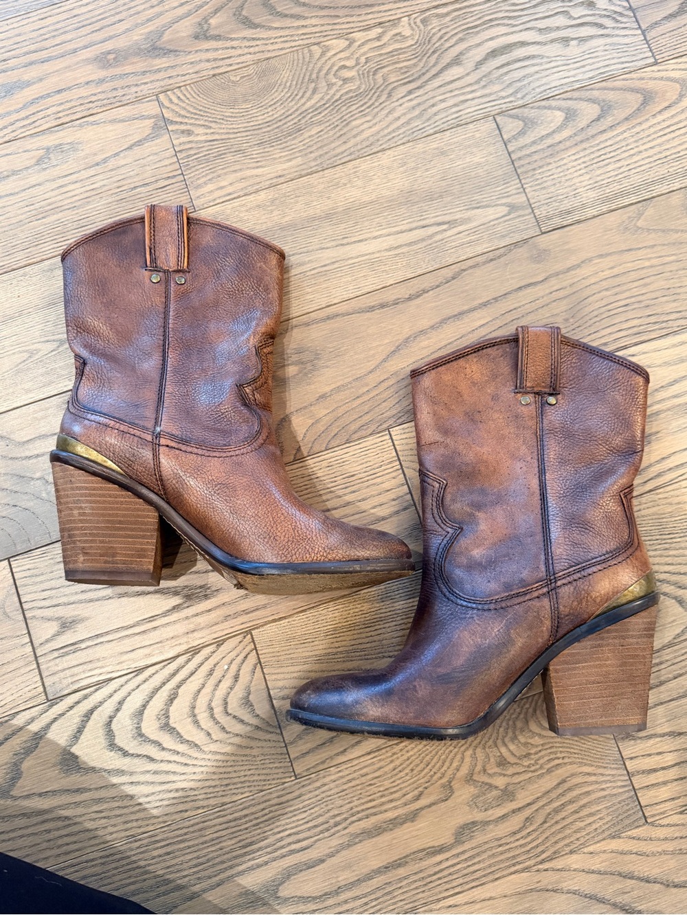 Lucky Brand Brown Leather Western Block-Heel Ankle Boots